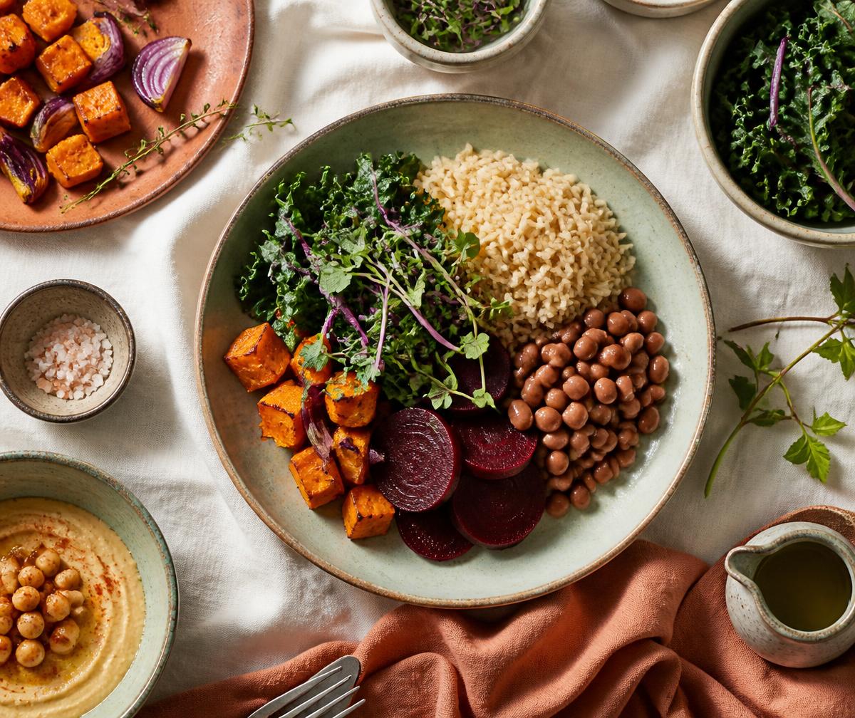 Refeição equilibrada com vegetais, grãos e leguminosas